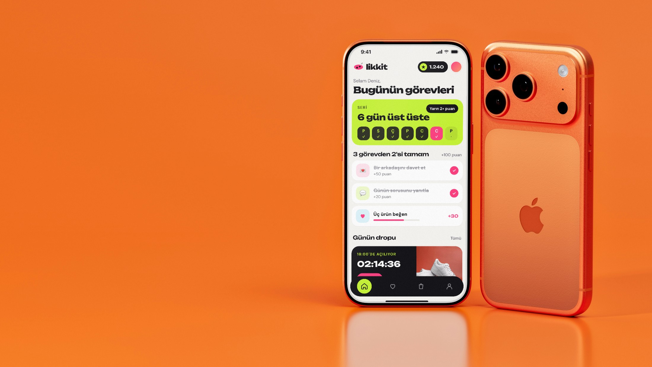 Turuncu zeminde telefon ekranında Likkit uygulama konsepti